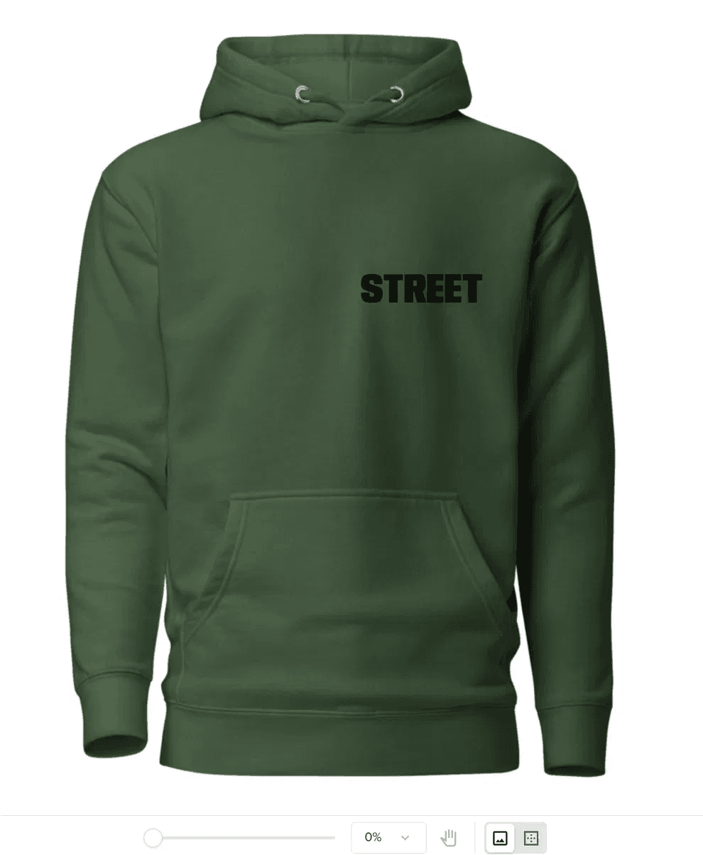 Vorderseite des waldgrünen STREET Hoodies mit schwarzem Brustprint