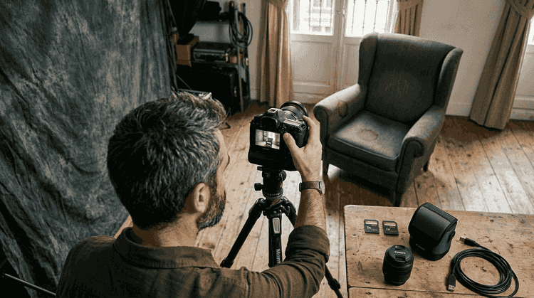 Un fotógrafo prepara su cámara antes de una sesión en el estudio.