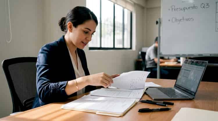 Mujer de negocios revisando papeles en la sala de juntas