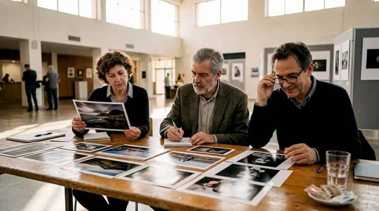 Die Jury prüft und analysiert die Fotografien, die auf einem großen Tisch ausgebreitet sind.
