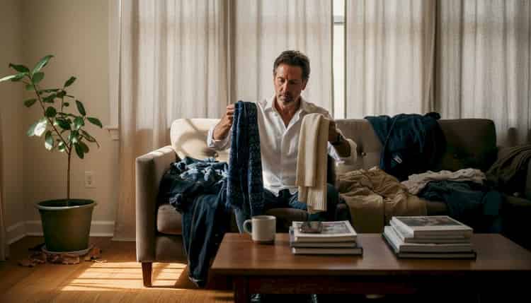 Un hombre elige su ropa antes de una sesión de fotos artística.