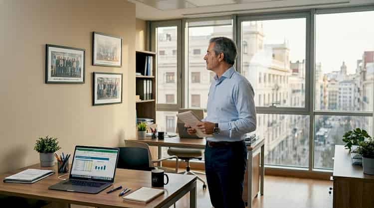 Un profesional revisa documentos en su oficina, junto a la ventana, aprovechando la luz natural mientras analiza su trabajo.