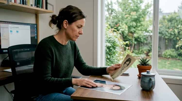 Frau, die ihre alten professionellen Fotos mit den neuen vergleicht