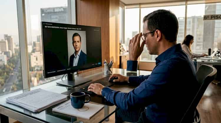 Professioneller, der ein bearbeitetes Foto an seinem Schreibtisch überprüft