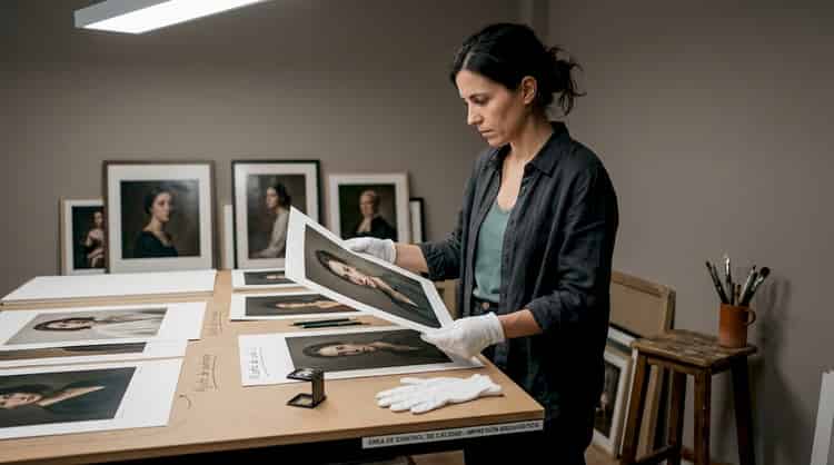 Fotógrafo revisando la calidad de una impresión profesional de retrato