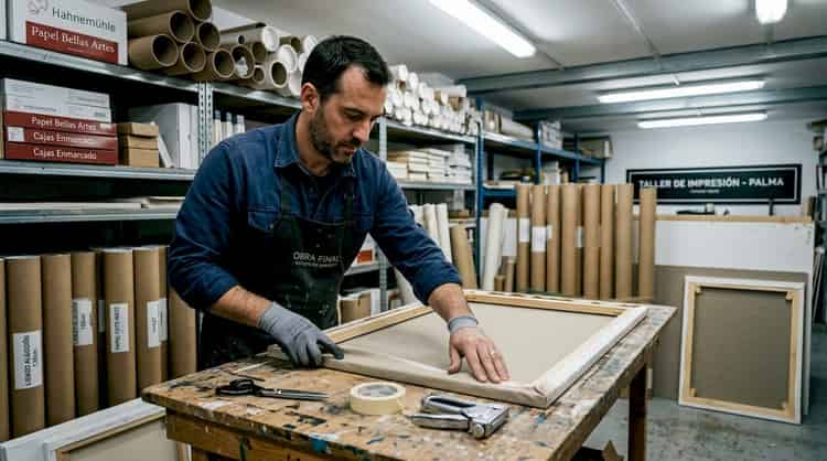 Un técnico prepara y estira el lienzo antes de imprimir un retrato.
