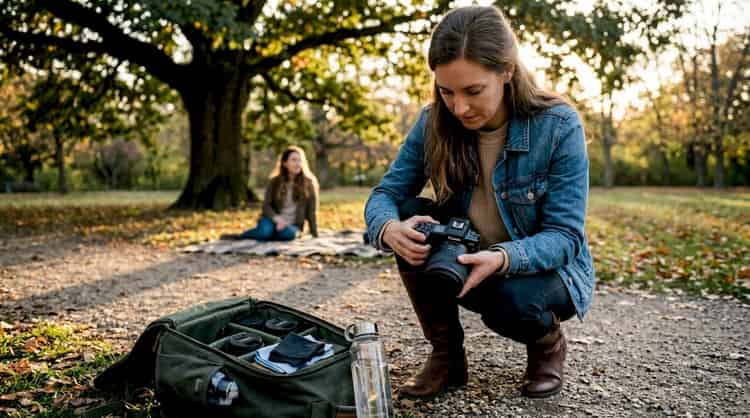 Fotograf organisiert alles für ein Outdoor-Porträt-Shooting