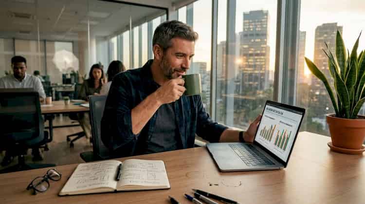 Ein Mann, der in seinem Eckbüro arbeitet